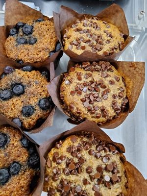 Banana Chocolate chip muffin and Blueberry Bran muffin, all vegan at Bliss Baked Goods in Edmonton