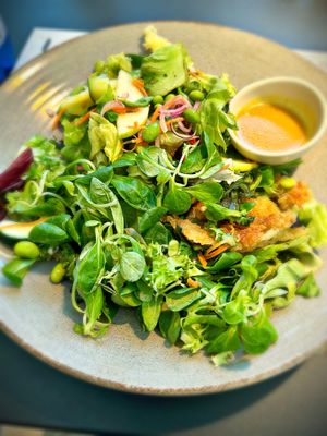 aubergine in crispy panko breadcrumbs, apple slices. cucumber. edamame beans. pickled asian slaw. pea shoots. red chillies and curried salad dressing.   at Wagamama in Rome