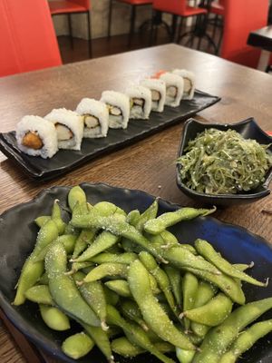 Edamame, seaweed and vegan tempura roll  at Ichiban in Edinburgh