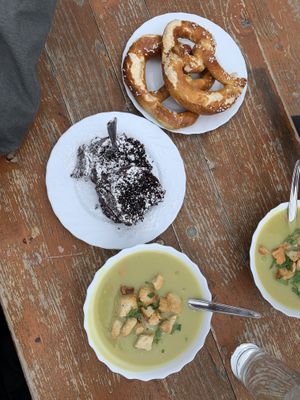 Pea soup and chocolate cake.  We were told the pretzels were vegan as well.    at Munich's Haus on the Zugspitze in Grainau