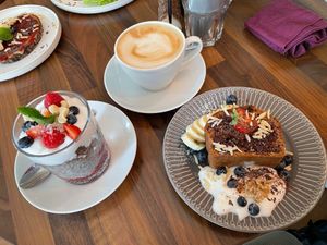 Banana bread, chia pudding and oat Cappuccino  at Café Max in Garmisch Partenkirchen