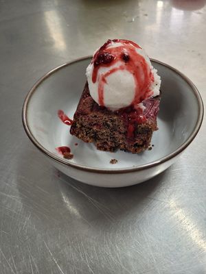 Raspberry brownie and ice cream at Eternity Cafe  in Wundowie
