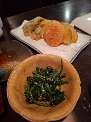 Veggie tempura, spinach with sesame at Izakaya Sanzoku in Tokyo