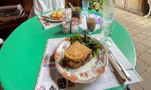Vegan toastie (half portion), salmon and eggs opposite (not vegan)  at The Barn Little London in Chichester