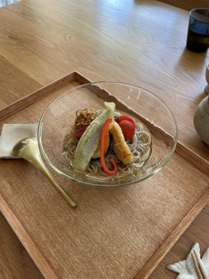 A different seasonal vegan dish. Soba in a broth, with vege tempura, grated radish & seaweed  at Soba Horiba in Kyoto