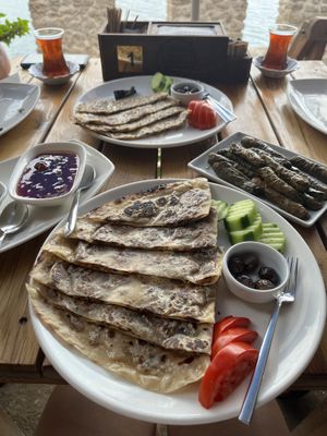 Vegan gözleme with soy protein & sarma  at Tersane Cafe in Antalya