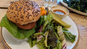 Vegan black bean burger at The Green Rocket Cafe in Bath