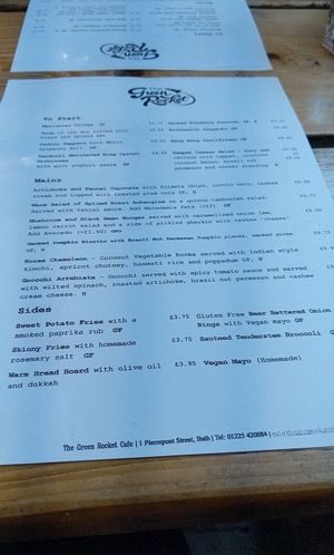 Main menu  at The Green Rocket Cafe in Bath
