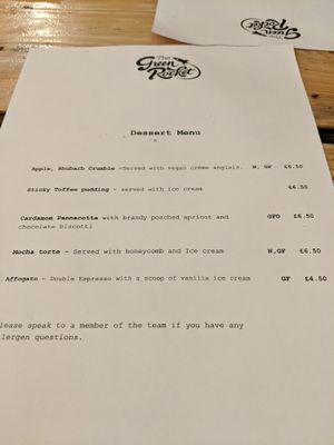 Dessert menu at The Green Rocket Cafe in Bath