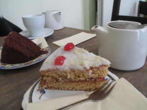 Chocolate layer cake and 'Bakewell' cake at The Green Rocket Cafe in Bath