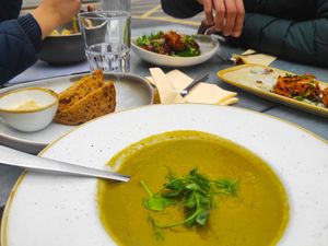 Soup, masala mushrooms, pumpkin pakora at The Green Rocket Cafe in Bath