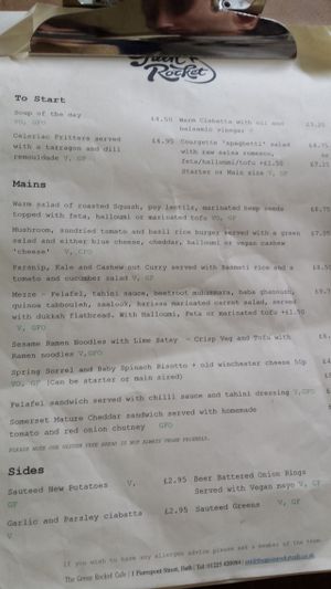 Lunch menu (Aug 2015) at The Green Rocket Cafe in Bath
