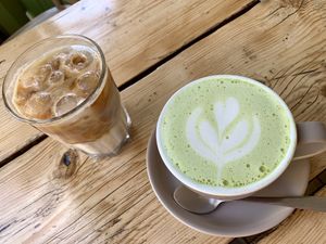 Matcha latte and iced latte at The Green Rocket Cafe in Bath