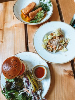Tofu katsu curry, tempeh caeser salad, black bean & mushroom burger 🍔  at The Green Rocket Cafe in Bath