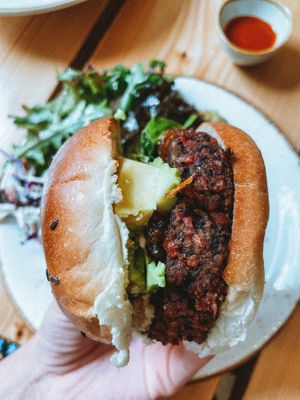 Black bean & mushroom burger with avocado 🥑 🍔 at The Green Rocket Cafe in Bath