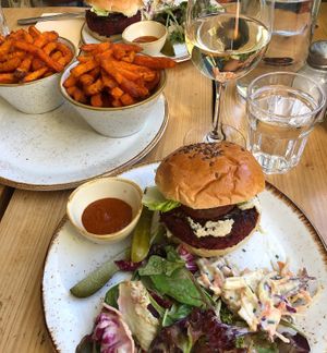 Bean burger with fries  at The Green Rocket Cafe in Bath