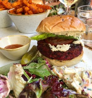 Bean burger with salad  at The Green Rocket Cafe in Bath