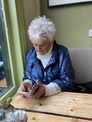 Mom being sociable  at The Green Rocket Cafe in Bath