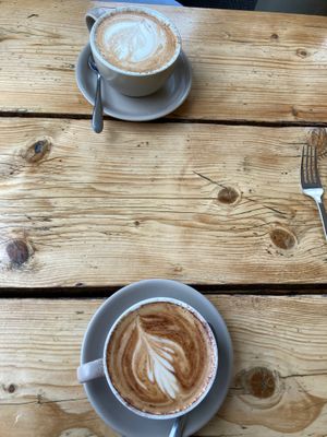 Vegan cappuccino and chai latte   at The Green Rocket Cafe in Bath