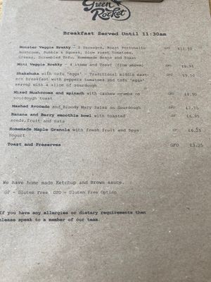 Vegan breakfast menu  at The Green Rocket Cafe in Bath