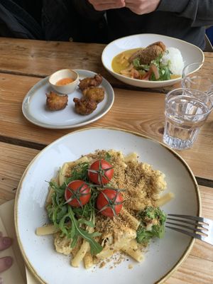 Mac and cheese, corn fritters and Kathy  at The Green Rocket Cafe in Bath