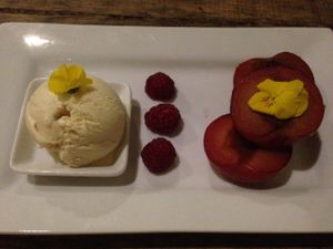 Bourbon vanilla roasted plums with vegan vanilla ice cream at The Green Rocket Cafe in Bath