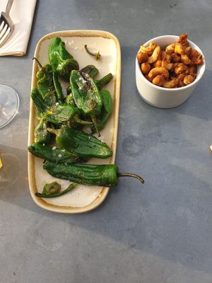 Padron peppers and spiced nuts  at The Green Rocket Cafe in Bath