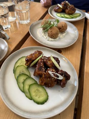 Bang bang cauliflower and arancini balls  at The Green Rocket Cafe in Bath
