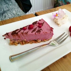 Raspberry cheesecake with almond mousse at The Green Rocket Cafe in Bath