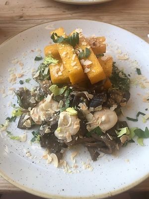 Mushroom and aubergine cabonata with delicious cashew cream. at The Green Rocket Cafe in Bath