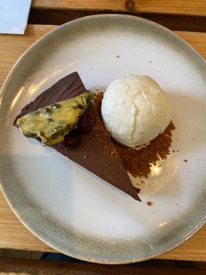 Chocolate Cherry cake with ice cream and pumpkin praline  at The Green Rocket Cafe in Bath
