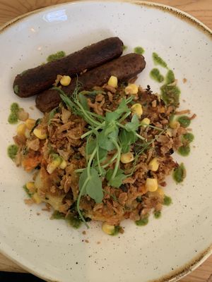 Bubble & Squeak with sausages.  at The Green Rocket Cafe in Bath