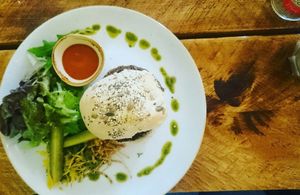 Mushroom, sundried tomato and Basil rice burger at The Green Rocket Cafe in Bath
