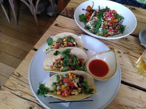 Top to bottom: Moroccan salad and tacos at The Green Rocket Cafe in Bath