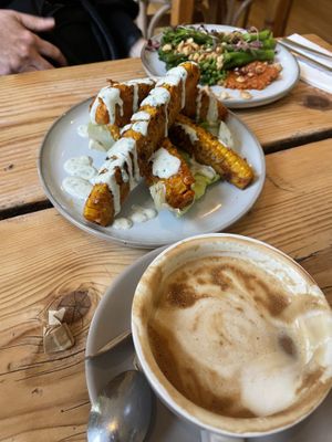 Corn Riblets along with broccoli & long beans in a really good romesco   at The Green Rocket Cafe in Bath