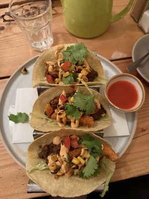 Tempura Oyster Mushroom Soft Tacos  at The Green Rocket Cafe in Bath