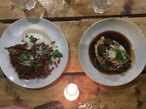 Aubergine tagine + sausages and mash at The Green Rocket Cafe in Bath