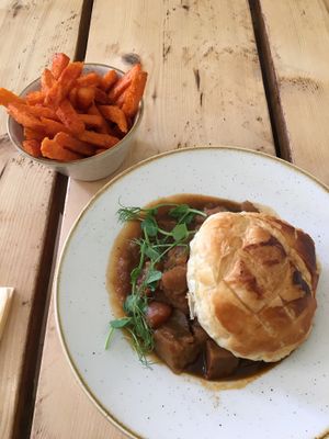 Seitan, carrot and a puff pastry top, sweet potato with paprika at The Green Rocket Cafe in Bath