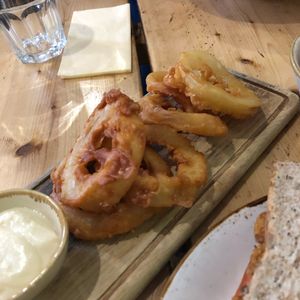 Beer battered onion rings  at The Green Rocket Cafe in Bath