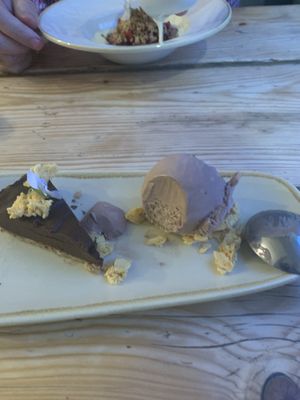 Mocha torte and ice cream and fruit crumble with lavender. Yum! at The Green Rocket Cafe in Bath