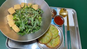 Vegan tofu bibimbap & pumpkin jeon  at Bebab in Seoul