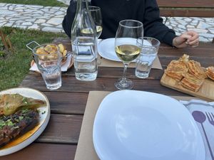 Vegetable Byrek, grilled vegetables, potatoes and homegrown jumbo beans (off-photo)  at Villa Gjeçaj in Theth