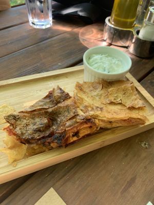 Onion & Garlic Bureka (Tzaziki not vegan)  at Villa Gjeçaj in Theth