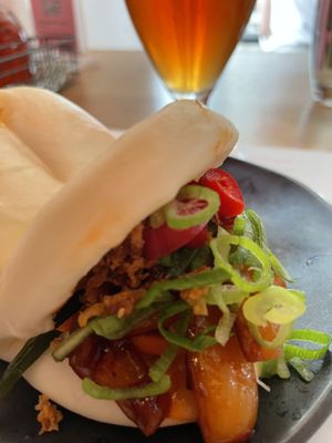 Firecracker jackfruit bao bun and hitachino redrice ale  at Wagamama  in Stockholm