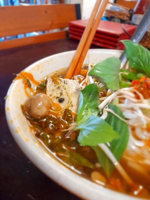 Eating at home my take away Bun Hue #Veganuary at Bà Tư in Ho Chi Minh City