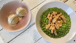 Pea stew with tvp soy curls, Hungarian vegan cottage cheese balls with sweet-vanilla soy Yoghurt   at Babszi  in Budapest
