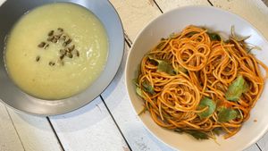 Chilled Cauliflower soup, roasted red pepper sauce whole grain spaghetti  at Babszi  in Budapest