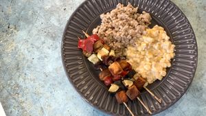 Tofu-veggie skewers with corn salad and pearl barley  at Babszi  in Budapest