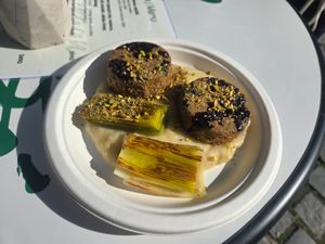 Celery–potato purée,
dried plum lentil croquette,
spring onion, pistachio crumble at Babszi  in Budapest