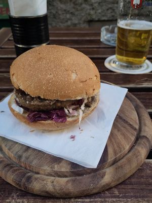 Pueblo Burger with walnuts, porcini cream and red radicchio. at Dubh Linn in Parma